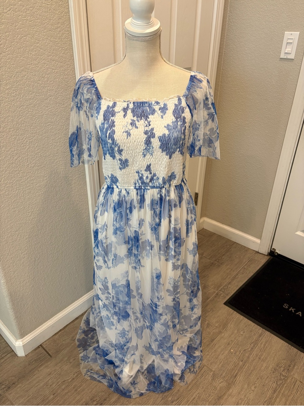 Blue Floral Smocked Maxi Dress with Puff Sleeves - Women